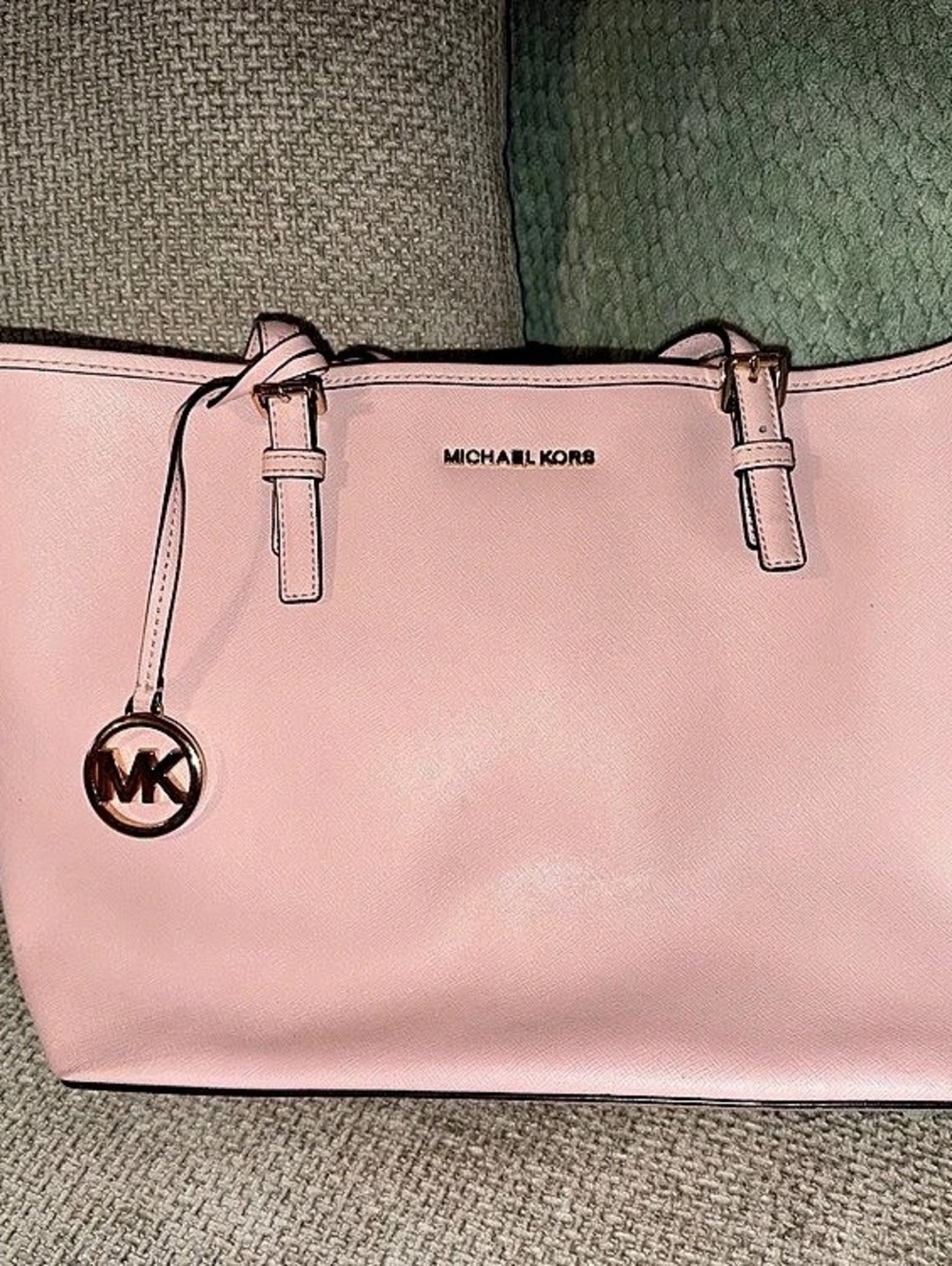 Michael Kors Jet Set Travel Medium Saffiano Leather Top-Zip Tote Bag Pink Tote